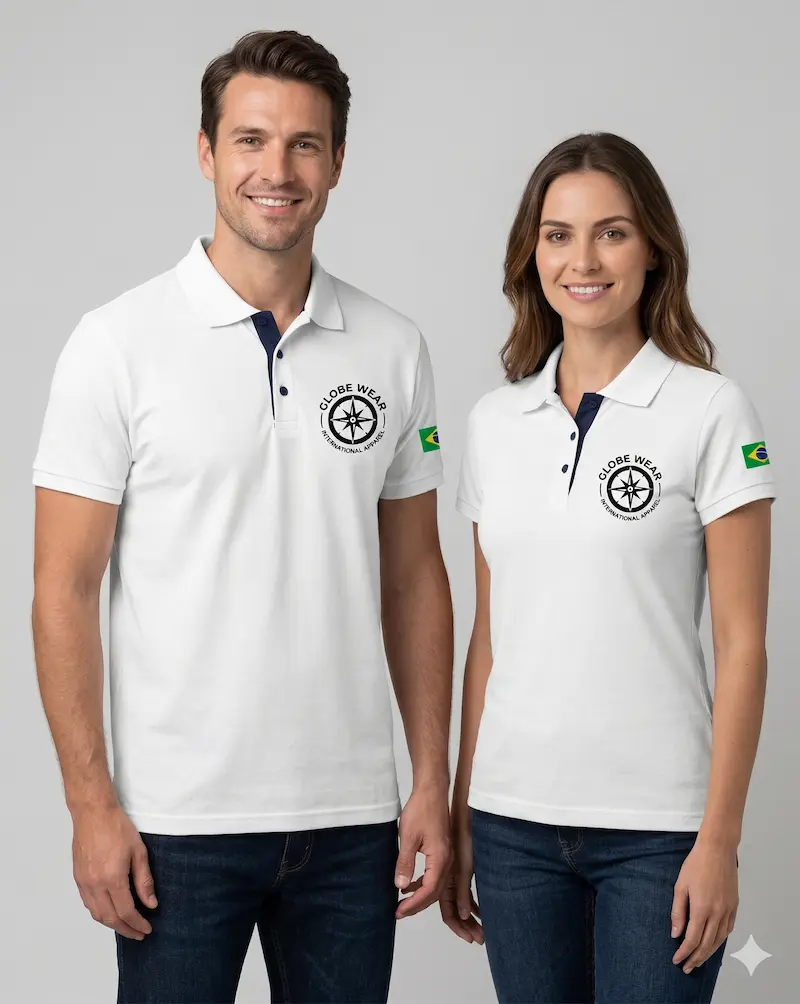 Camisa Polo Uniforme Premium Branca com Detalhes Azul-Marinho America Uniformes Em goiania Camisa Polo Uniforme Premium Branca com Detalhes Azul-Marinho