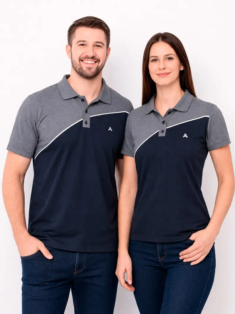 Camisa Polo Uniforme Premium com Recorte Diagona America Uniformes em Goiani Camisa Polo Uniforme Premium com Recorte Diagonal Marinho e Cinza