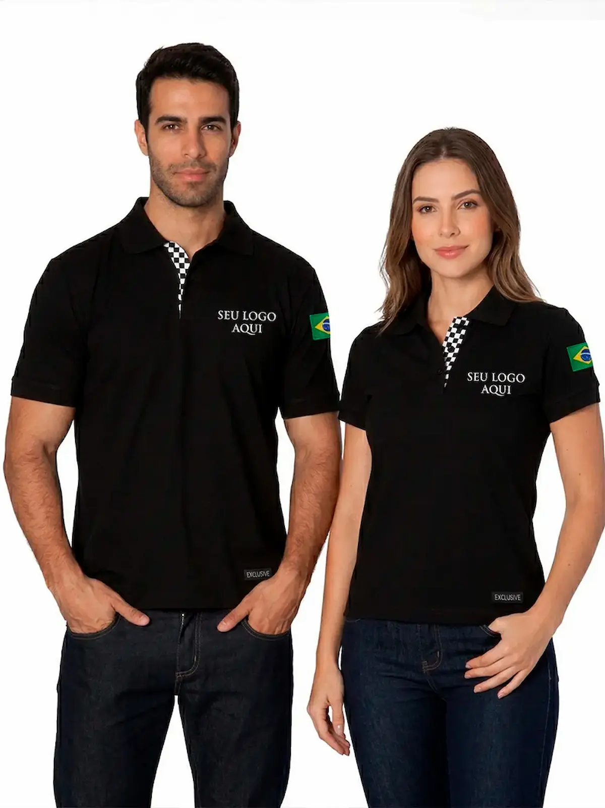 Polo Piquet Preta com Detalhes Quadriculados America Uniformes em Goiania (1) Polo Piquet Preta com Detalhes Quadriculados